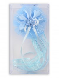 Birth rosette image on top of polka dots and rhinestones. Colour light blue, one size