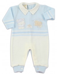 Image baby footie mixed wool baby bear and dog. Colour light blue, size 0-1 month
