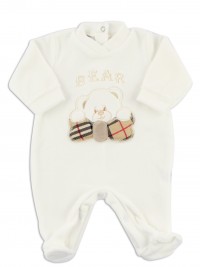 Image baby footie chenille Scottish bear. Colour creamy white, size 3-6 months