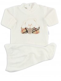 Picture baby footie outfit in chenille bear bow. Colour creamy white, size 0-1 month