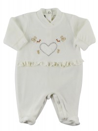 Image baby footie chenille lace and rhinestone. Colour creamy white, size 0-1 month
