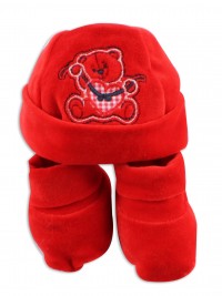 red chenille baby bear hat and shoes. Colour red, one size