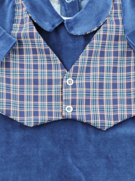 Image baby footie chenille vest Scottish fabric. Colour blue, size 0-1 month 3