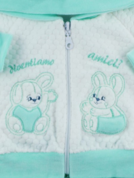 Picture hooded jumpsuit we become friends. Colour green, size 1-3 months 2