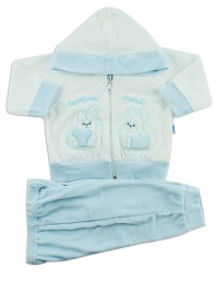 Picture hooded jumpsuit we become friends. Colour light blue, size 1-3 months
