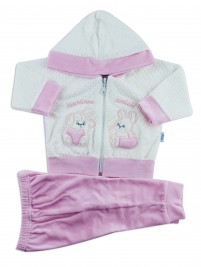 Picture hooded jumpsuit we become friends. Colour pink, size 3-6 months