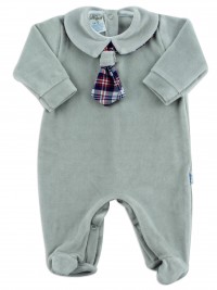 Picture baby footie chenille tie fabric. Colour grey, size 1-3 months