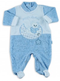Picture baby footie chenille baby bear looking at that moon. Colour light blue, size 6-9 months