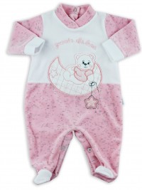 Picture baby footie chenille baby bear looking at that moon. Colour pink, size 1-3 months
