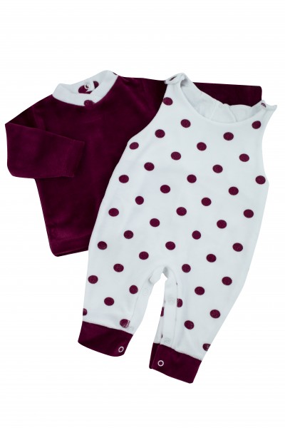 Baby footie with polka dot overalls. Colour black cherry, size 3-6 months Black cherry Size 3-6 months