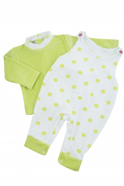 Baby footie with polka dot overalls. Colour pistacchio green, size 6-9 months Pistacchio green Size 6-9 months