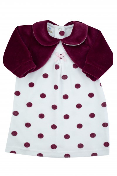 newborn baby polka dot chenille dress with solid-coloured shoulder covers. Colour black cherry, size 0-3 months Black cherry Size 0-3 months