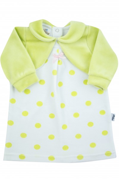 newborn baby polka dot chenille dress with solid-coloured shoulder covers. Colour pistacchio green, size 0-3 months Pistacchio green Size 0-3 months