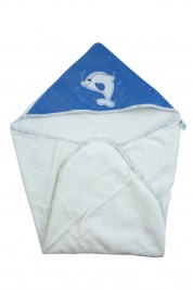 Triangle bathrobe, white background, embroidered dolphin. Colour light blue, one size