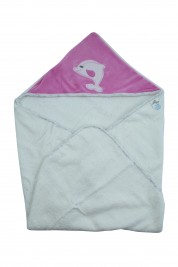 Triangle bathrobe, white background, embroidered dolphin. Colour coral pink, one size