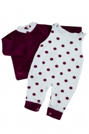 Baby footie with polka dot overalls. Colour black cherry, size 3-6 months