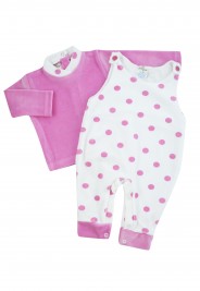 Baby footie with polka dot overalls. Colour fuchsia, size 3-6 months
