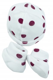 hat and shoes newborn female polka dots on white background. Colour black cherry, one size