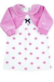 polka dot chenille newborn dress with solid-colored shawl covers. Colour fuchsia, size 3-6 months