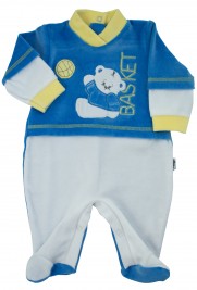 baby footie chenille baby bear playing basketball. Colour royal blue, size 0-1 month