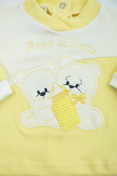 baby outfit I drink milk interlock with lettering and embroidered bears. Colour yellow, size 0-1 month 3
