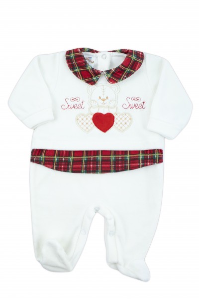 baby footie in soft chenille with red tartan details. Colour creamy white, size 6-9 months Creamy white Size 6-9 months