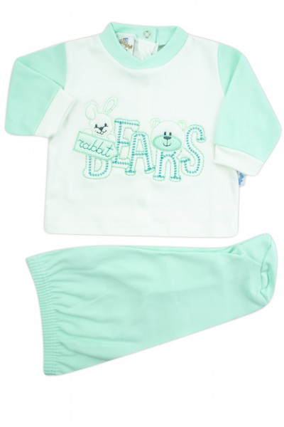baby interlock outfit with bears writing. Colour green, size 1-3 months