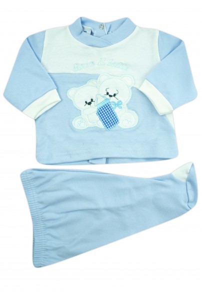 baby outfit I drink milk interlock with lettering and embroidered bears. Colour light blue, size 0-1 month Light blue Size 0-1 month