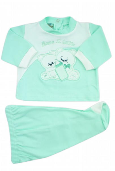 baby outfit I drink milk interlock with lettering and embroidered bears. Colour green, size 3-6 months Green Size 3-6 months