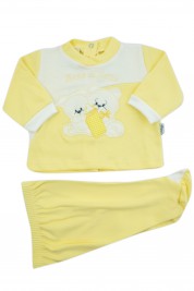 baby outfit I drink milk interlock with lettering and embroidered bears. Colour yellow, size 0-1 month