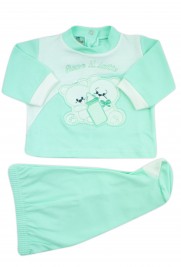 baby outfit I drink milk interlock with lettering and embroidered bears. Colour green, size 1-3 months