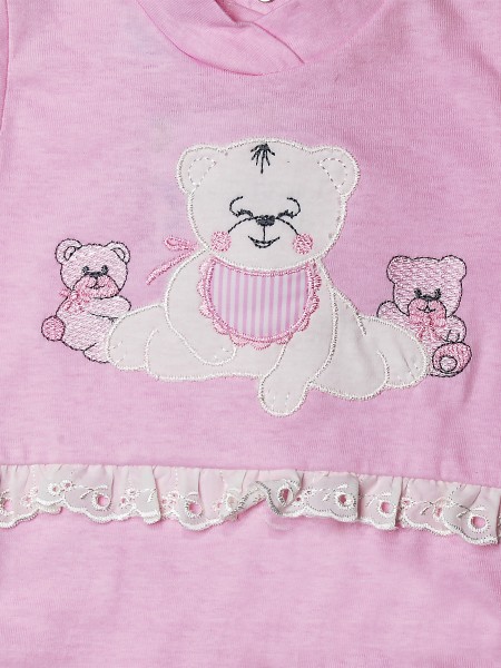 Baby footie cotton teddy bear with lace. Colour pink, size 0-3 months 2