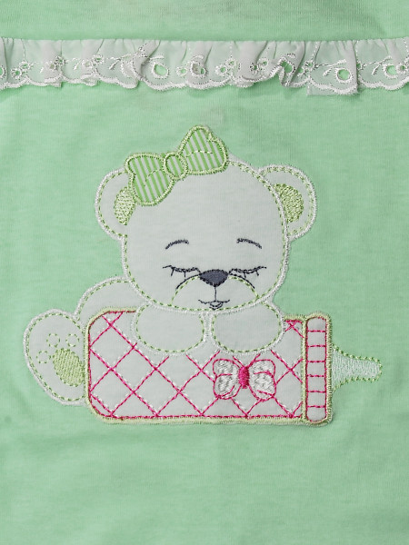 Baby footie cotton teddy bear, baby bottles and lace. Colour pistacchio green, size 0-3 months 2