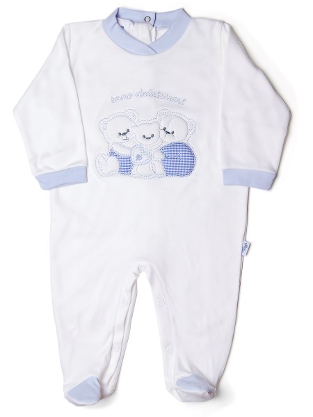 Baby footie in cotton interlock, pattern are sweet, with little family of bears hugging.. Colour light blue, size 6-9 months Light blue Size 6-9 months