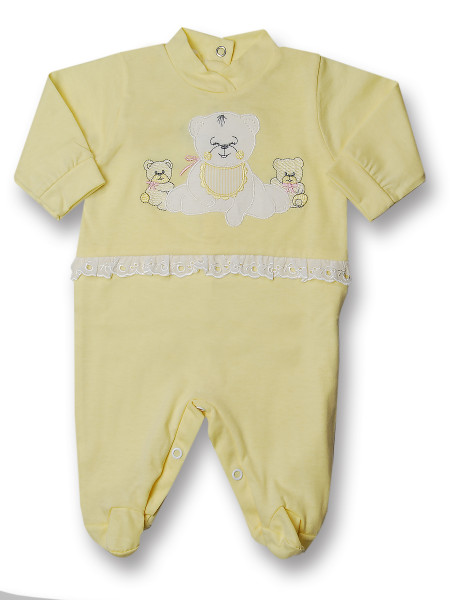 Baby footie cotton teddy bear with lace. Colour yellow, size 0-3 months Yellow Size 0-3 months