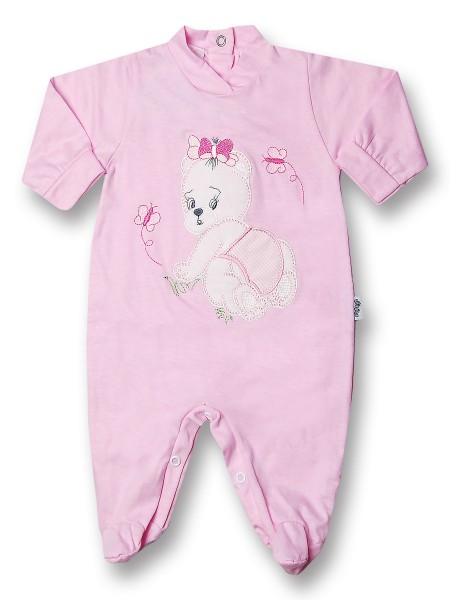 Baby footie 100% cotton teddy bear crawling on baby footie. Colour pink, size 6-9 months Pink Size 6-9 months