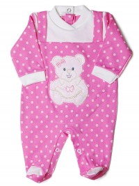Baby girl footie, with dungarees, chic teddy bear and polka dots. Colour coral pink, size 0-1 month