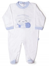Baby footie in cotton interlock, pattern are sweet, with little family of bears hugging.. Colour light blue, size 6-9 months