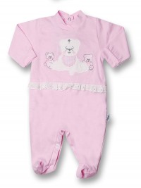 Baby footie cotton teddy bear with lace. Colour pink, size 3-6 months