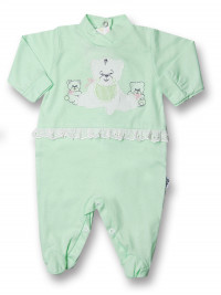 Baby footie cotton teddy bear with lace. Colour pistacchio green, size 0-1 month