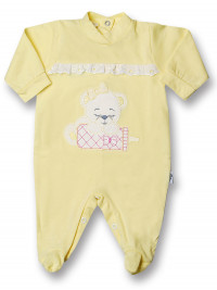 Baby footie cotton teddy bear, baby bottles and lace. Colour yellow, size 6-9 months