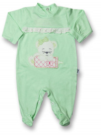 Baby footie cotton teddy bear, baby bottles and lace. Colour pistacchio green, size 6-9 months