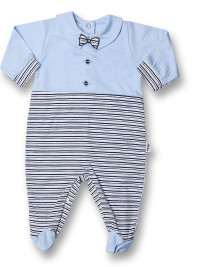 Baby footie 100% cotton, bow tie with buttons. Colour light blue, size 6-9 months