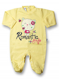 Baby footie romantic style cotton. Colour yellow, size 6-9 months