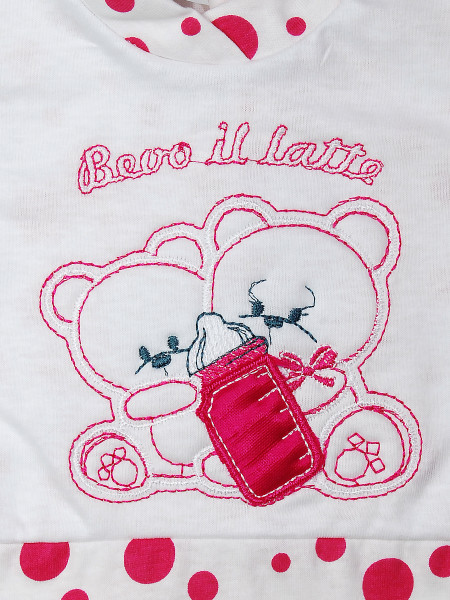 Baby footie polka dots, I drink milk 100% cotton. Colour coral pink, size first days 2