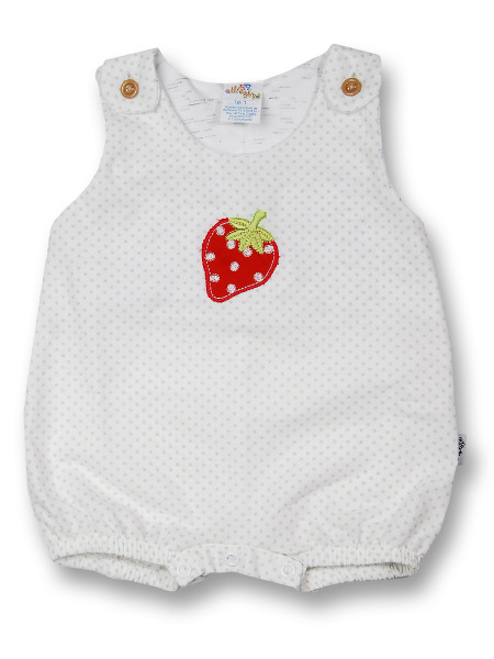 Romper newborn baby model strawberry dungarees. Colour white, size 0-3 months White Size 0-3 months