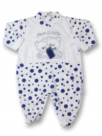 Baby footie polka dots, I drink milk 100% cotton. Colour blue, size first days