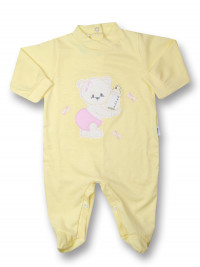 Baby footie bear with cotton bottle. Colour yellow, size 6-9 months