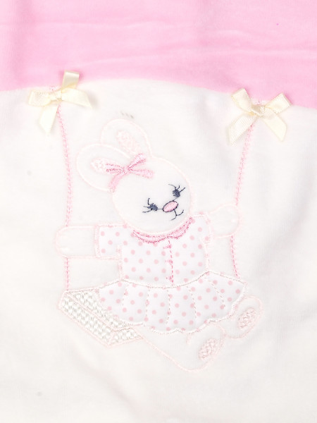 baby footie bunny on chenille rocking rabbit. Colour pink, size 0-1 month 2