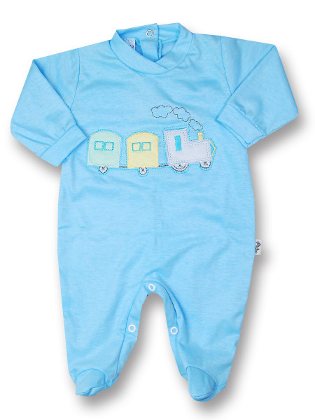 cotton coloured baby footie train. Colour turquoise, size 0-3 months Turquoise Size 0-3 months